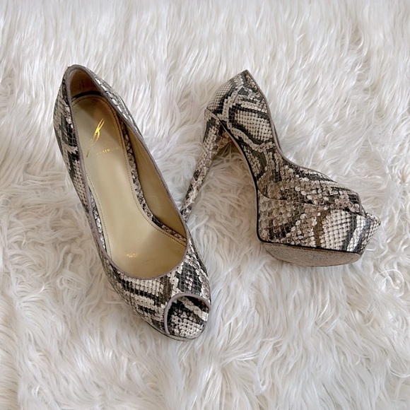 Brian Atwood Shoes - Brian  Atwood Snakeskin Peep Toe Platform Pumps